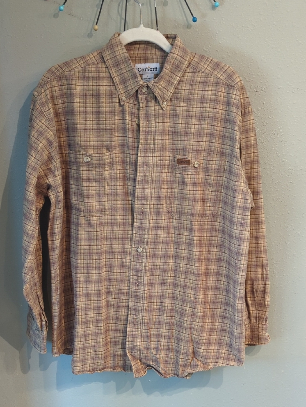 Vintage Carhartt Large Flannel Shirt Button Down Plaid Brown Tan Mens Farm
